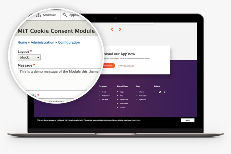 Place a Cookie Consent message on your site with our Cookie Consent Block Module