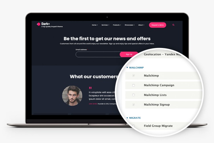 Dark+ integrates with Mailchimp offering you a great solution for your newsletters