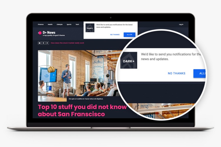 Push notifications in Dark+ News for Drupal 10