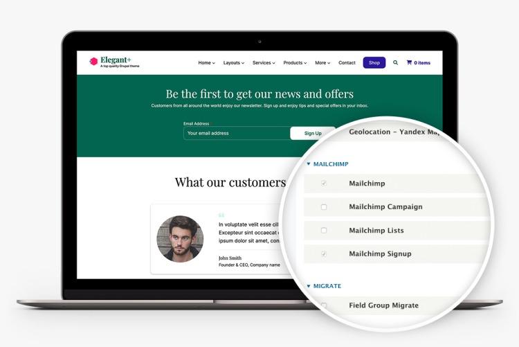 Elegant+ integrates with Mailchimp offering you a great solution for your newsletters