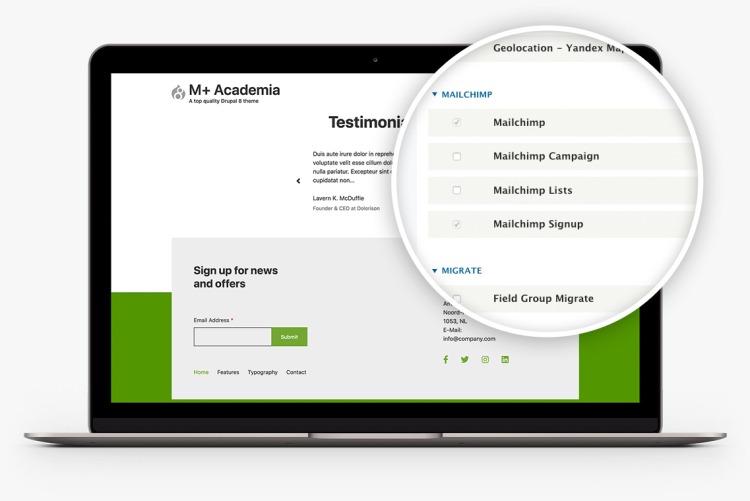 Minimal+ Academia integrates with Mailchimp offering you a great solution for your newsletters