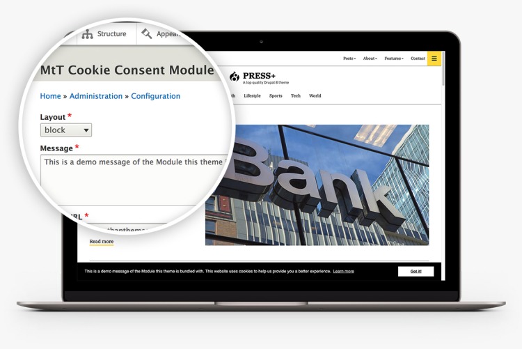 Cookie Consent Block Module in Press+ for Drupal 8